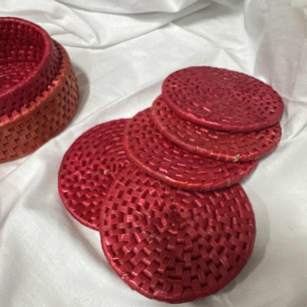 Red Wicker Coaster‎ Set With 5 Coasters - Picture 5 of 6